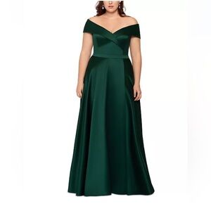 Xscape Dark Green Off-Shoulder Prom Dress